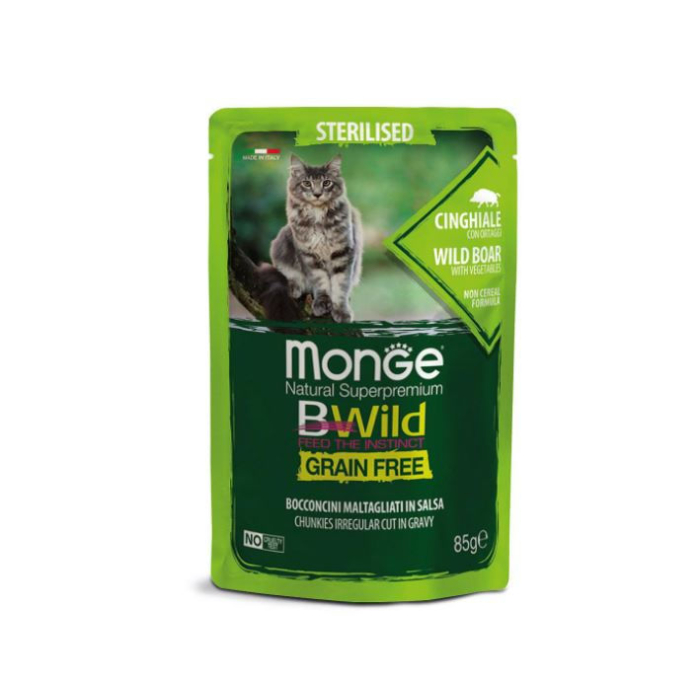 DE Monge BWild Grain Free Sterilised, Sangelier - 28 x 85g | pour les chats