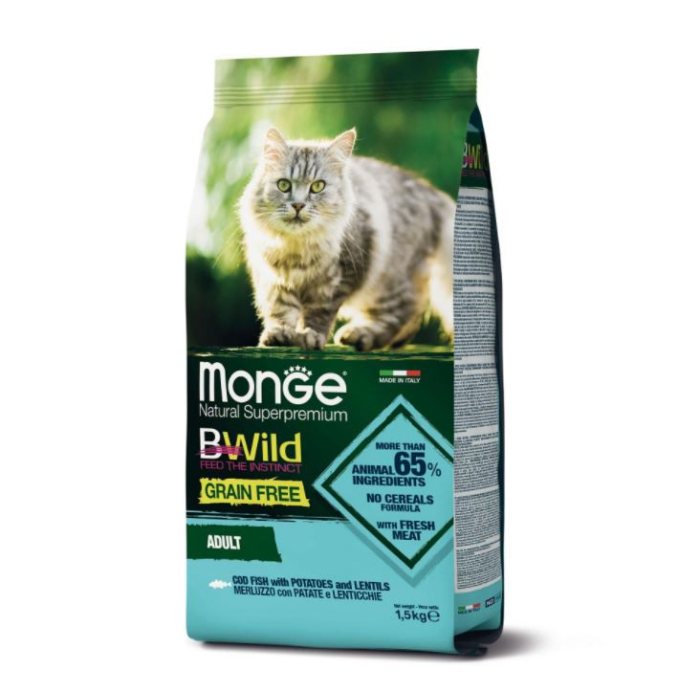 DE Monge BWild Grain Free Adult, Cabillaud - 1.5kg | Nourriture sèche pour chats