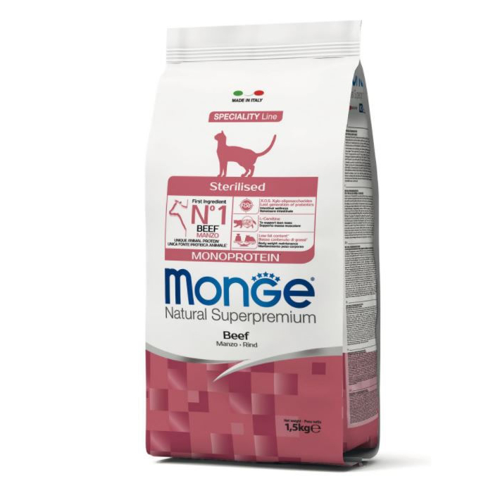 DE Monge Natural Superpremium Stérilisé - Boeuf, 1.5 kg | Nourriture sèche pour chats