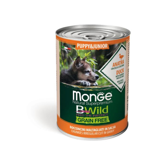 DE Monge BWild Grain Free Puppy & Junior - Canard, 24 x 400g | Nourriture humide