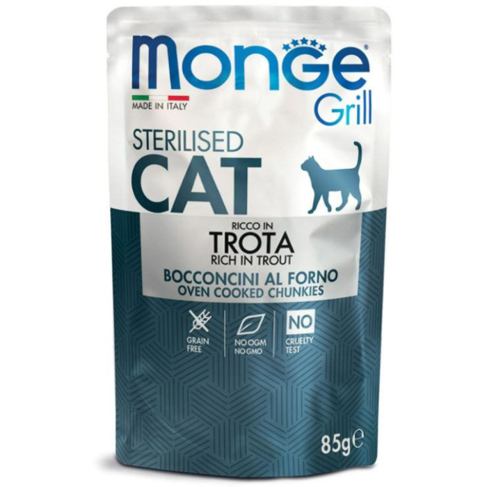 DE Monge Grill Cat Sterilised - Truite, 28 x 85 g | Nourriture humide pour chats 
