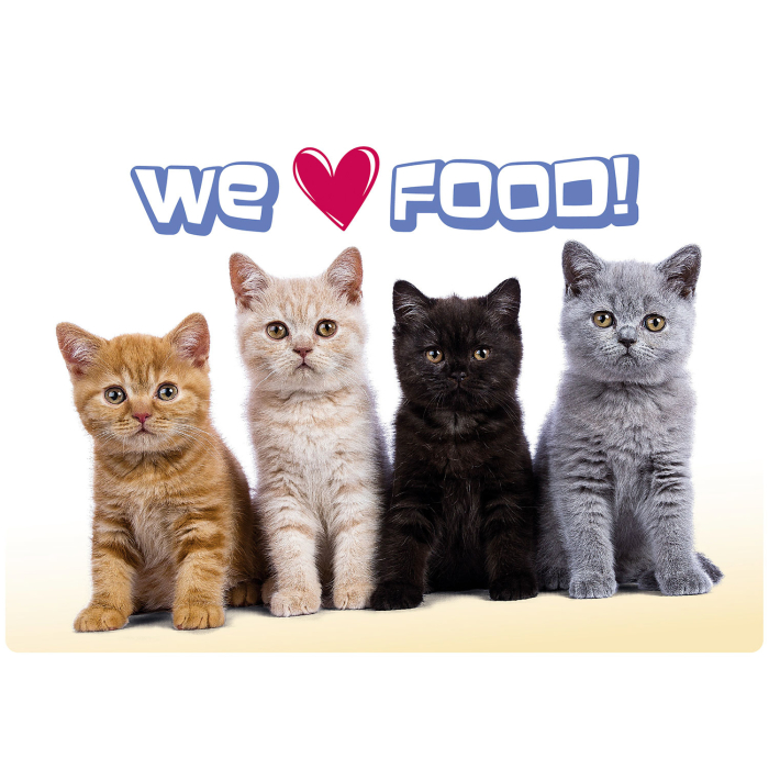 Napfunterlage "We Love Food" mit 4 Katzen