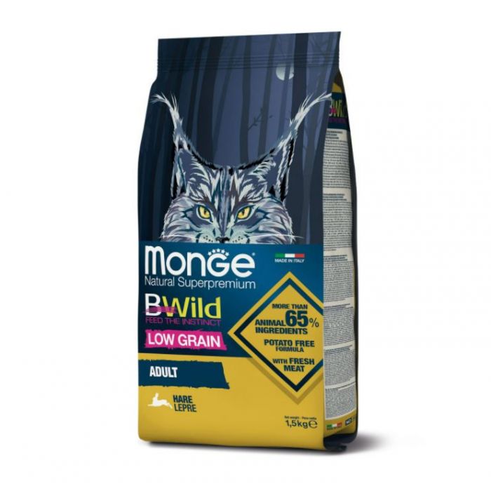 DE Monge BWild Low Grain Adult, Lièvre - 1.5kg | Nourriture sèche pour chats